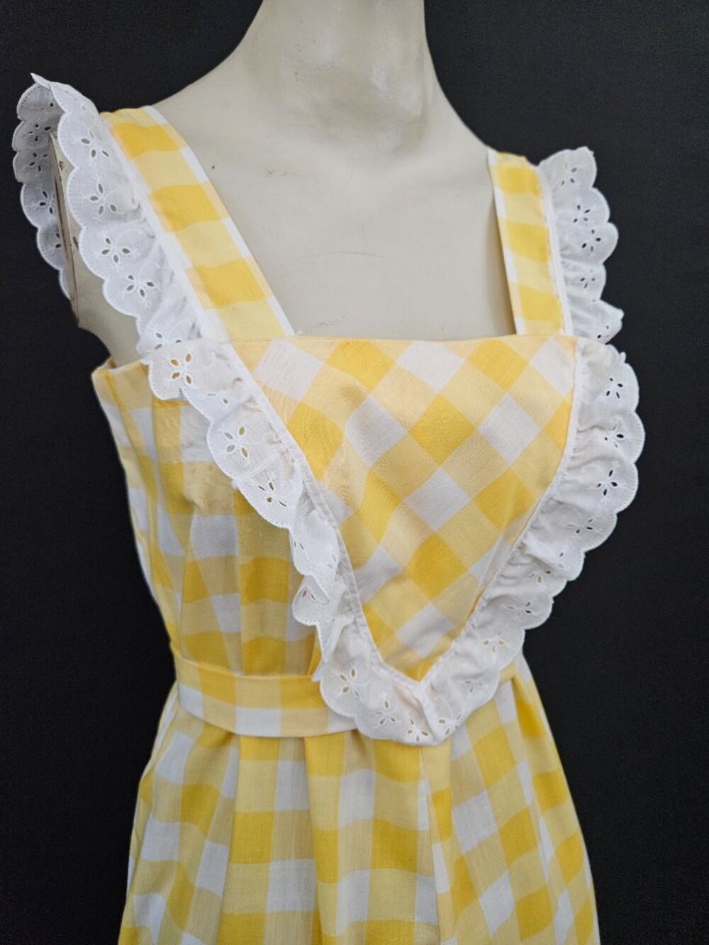 60s/70s Yellow Gingham Ruffled Trim Maxi Dress - Picture 3 of 15